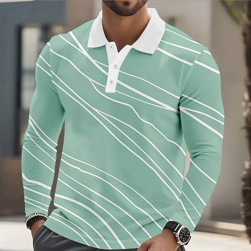 Men's Geometic Line Polo Long Sleeve Polo Shirts Lapel Business Casual Athleisure Daily Wear 3D Print Buttons Spring Fall Winter Blue Green Light Blue2