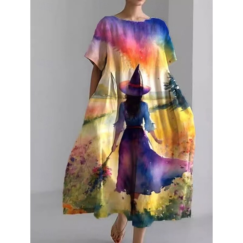 Halloween Women's Witch Print Midi Dress A Line Dress Summer Dress Casual Daily Regular Fit Graphic Short Sleeve Crew Neck Yellow Blue Purple Green Summer3