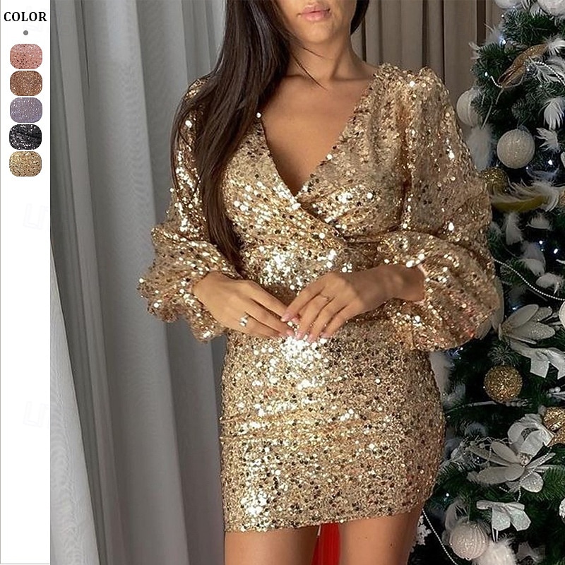 Women's Mini Dress Sequin Dress Cocktail Dress Elegant Dress Fashion Modern Evening Party Cocktail Party Regular Fit Plain Long Sleeve Deep V Black White Pink Gold Spring Fall