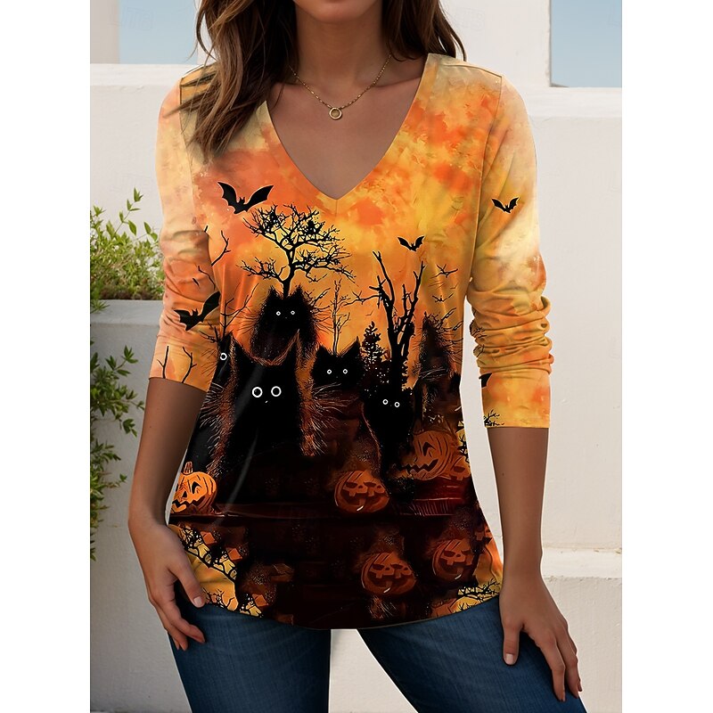 Halloween Women's T shirt Witch Long Sleeve V Neck Long Sleeve Tunic Graphic Letter Elegant Vintage Stylish Regular Tops Daily Going out Weekend Print Yellow Wine Orange Gray Spring Fall Prefall4