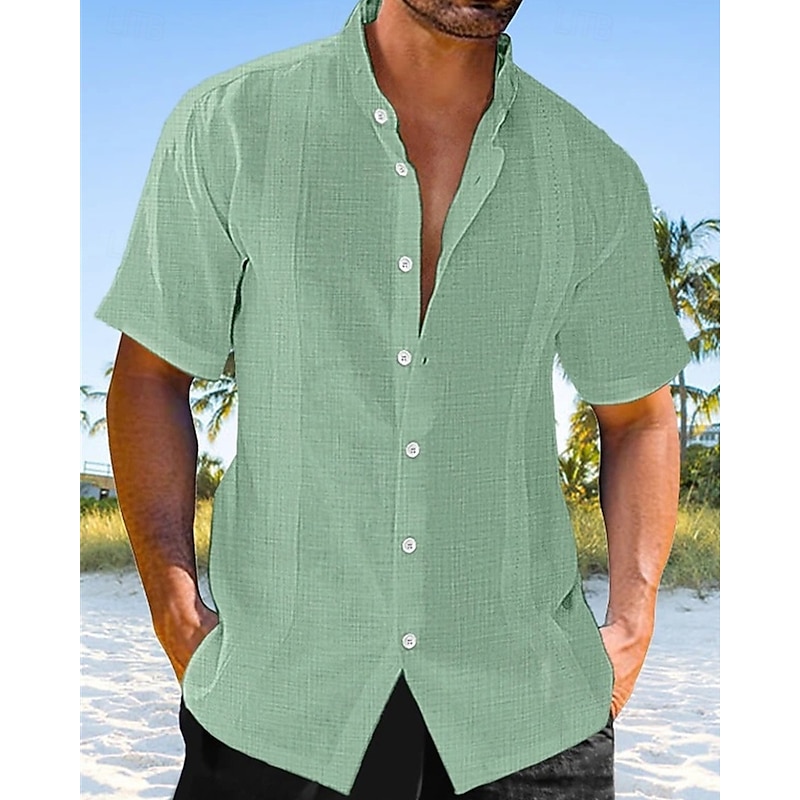 Men's Shirt Linen Shirt Casual Shirt Button Up Shirt Cotton Shirt Plain Vacation Street Black White Green Apricot Short Sleeve Band Collar Summer Spring Clothing Apparel Button-Down4