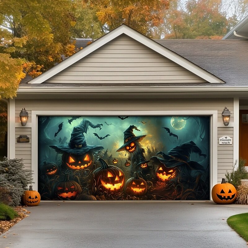 Halloween Garage Door Cover Banner Backdrop – Witch with Jack-o'-Lanterns Under Moon, Easy Hang with Included Hardware, Outdoor Decoration for 2025 Halloween Home Front Yard4