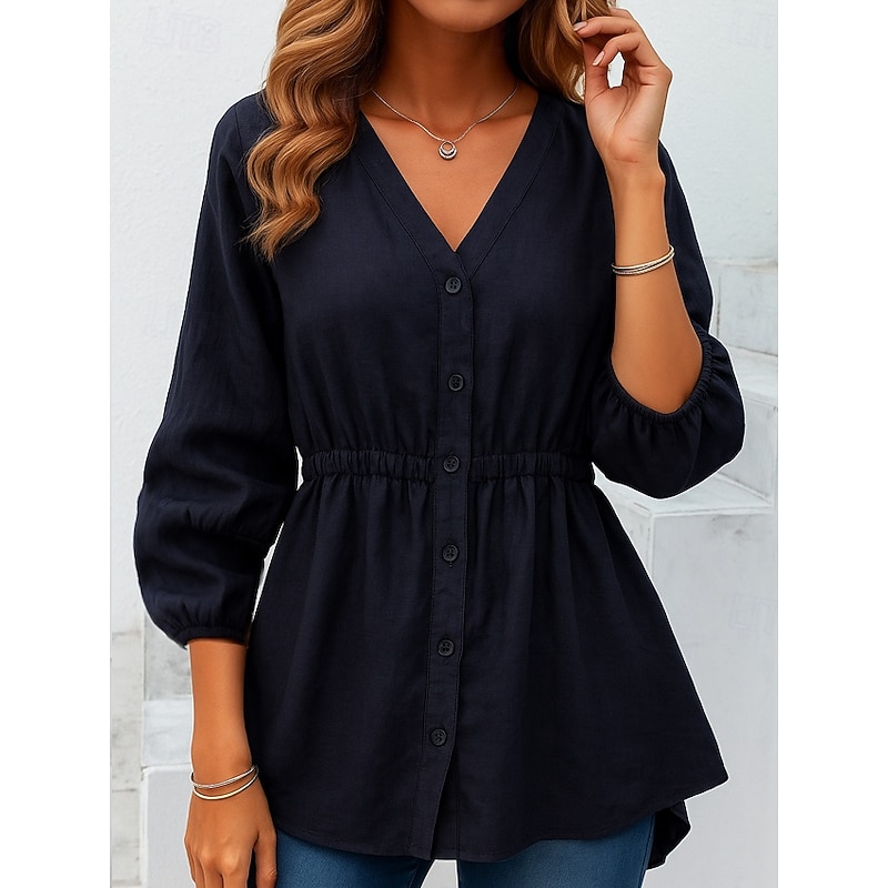 Women's Cotton Linen Shirts Solid Color Basic Casual 3/4 Length Sleeve V Neck Regular Tops Daily Buttons Blue Khaki Apricot Summer Spring3
