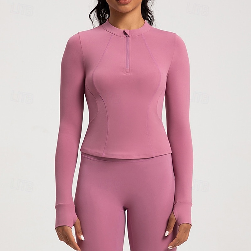 Women's Workout Shirt Breathable Zipper Long Sleeve Sports Solid Color Top For Pilates Running Yoga Activewear4