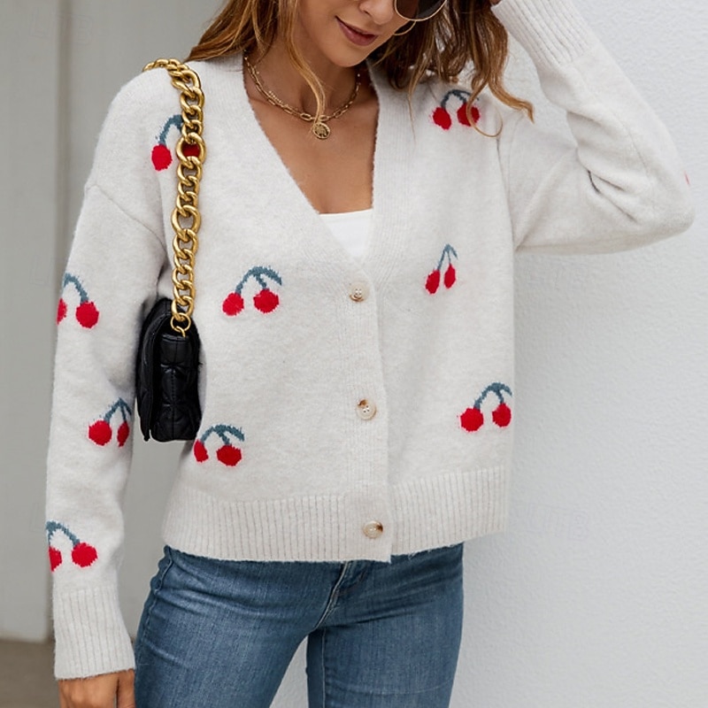 Women's Sweater Cardigan Fashion Streetwear Daily Fruit Ribbed V Neck Knitted Long Sleeve Regular Tops Knit Holiday Going out Weekend White Fall Winter