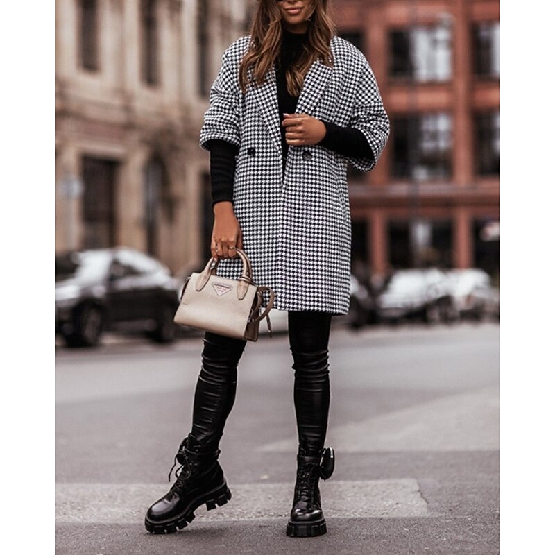 Women's Casual Jacket Trench Coat Comfortable Buttons Fashion Modern Casual Houndstooth Going out Weekend Double Breasted Long Turndown Regular Fit 3/4 Length Sleeve Outerwear Black Fall Winter2