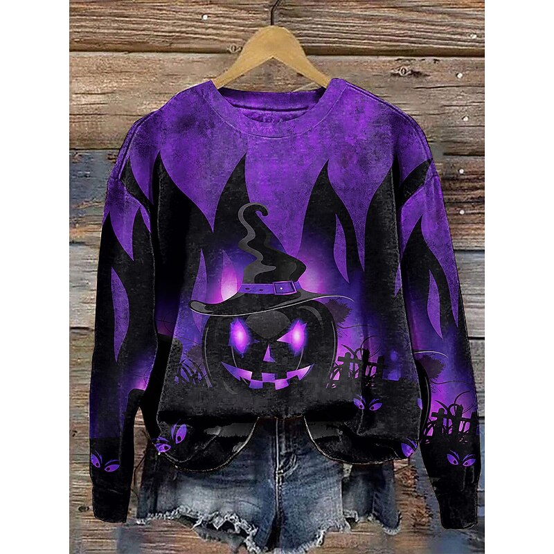 Halloween Women's Sweatshirts Pumpkin Graphic Casual Long Sleeve Crew Neck Regular Tops Street Dailywear Casual Print Pink Blue Purple Orange Green Fall Winter3