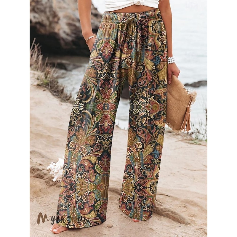 Women's Culottes Wide Leg Vacation Vintage Ethnic Style Full Length High Waist Floral Graphic Quick Dry Breathability Soft Inelastic Outdoor Vacation Sport Yellow Red Khaki Coffee Summer Spring