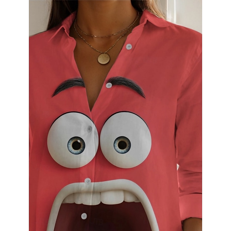 Women's Cartoon Funny Smile Face Shirt Active Daily Stylish Long Sleeve Shirt Collar Regular Tops Daily Holiday Buttons Print Yellow Red Spring Fall2