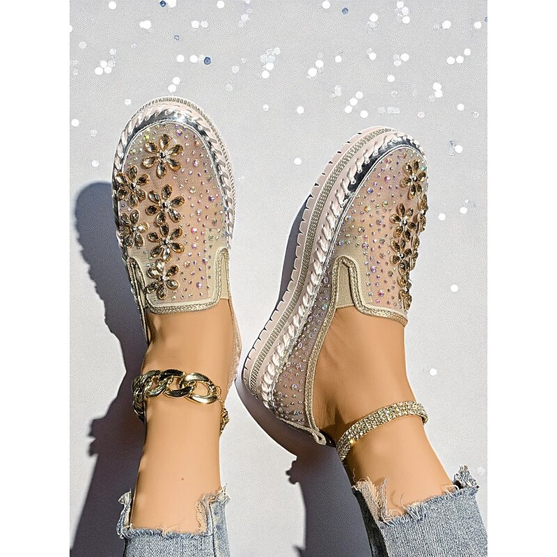 Women's Rhinestone Embellished Slip-On Sneakers with Mesh Upper and Chunky Sole - Trendy Nightlife Party and Clubbing Shoes for Ladies2