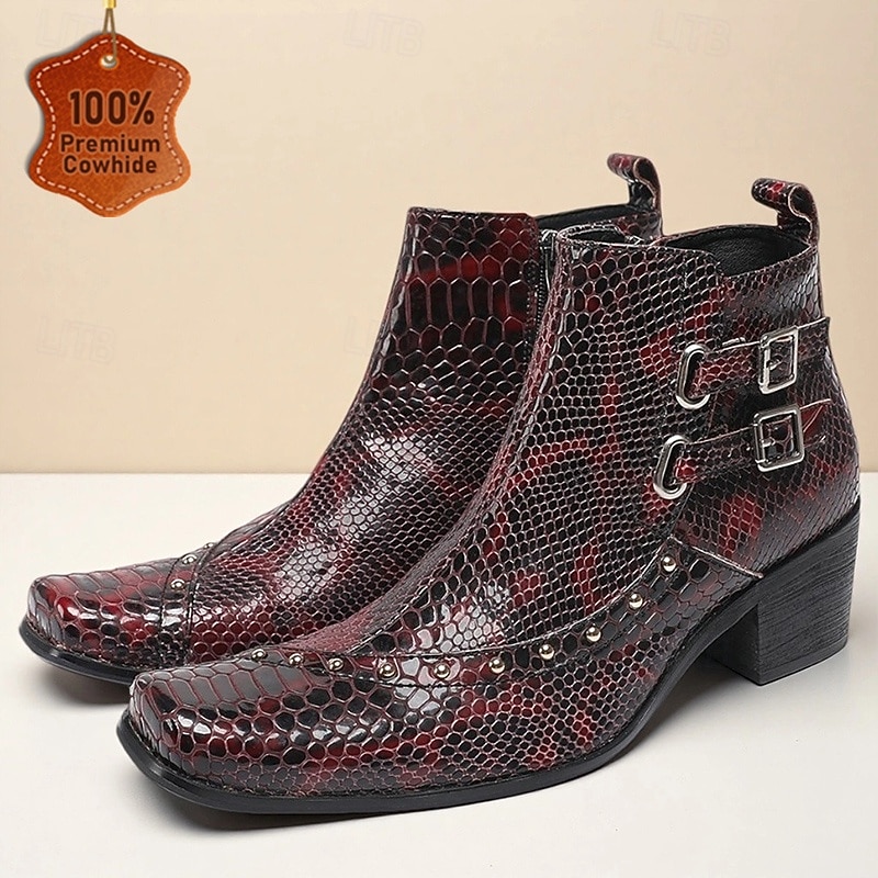 Men's Red Snake Pattern Ankle Boots in Premium Cowhide Gothic Rock Style with Double Buckles for Nightlife Concerts and Motorcycle Outfits