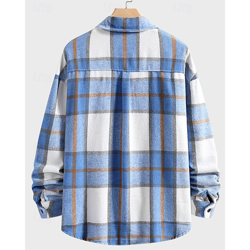 Men's Lightweight Jacket Shirt Jacket Casual Jacket Shacket Vacation Daily Breathable Pocket Spring Fall Plaid Fashion Classic Lapel Regular Blue Khaki Jacket3