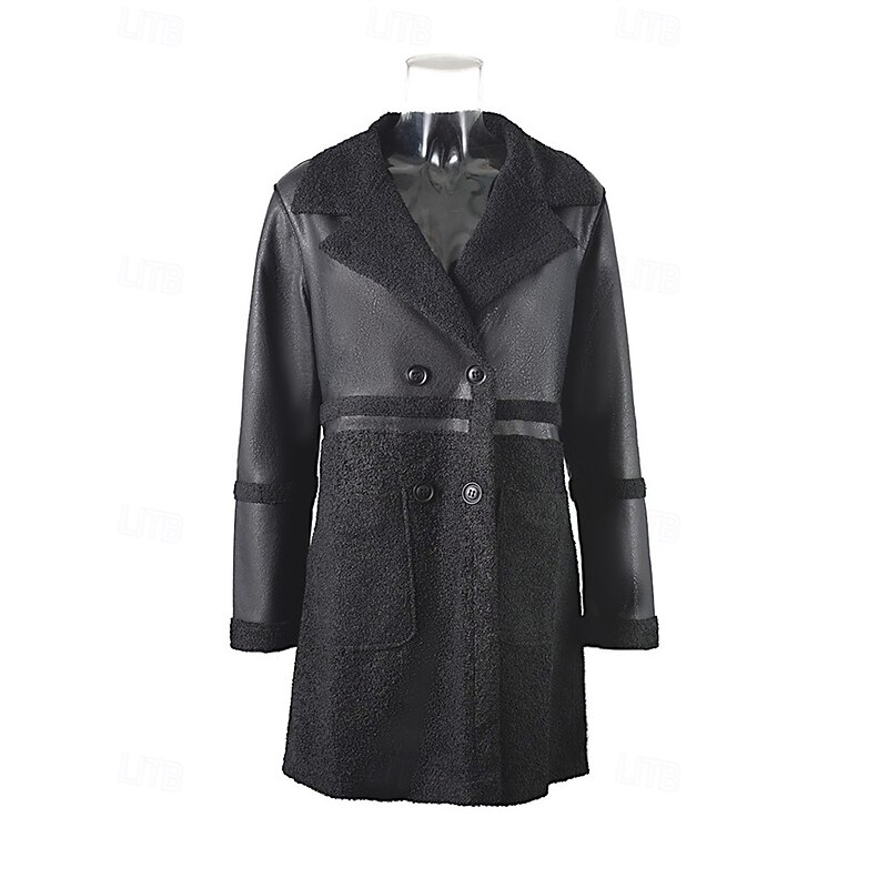 Women's Faux Leather Jacket Winter Jacket Warm Comfortable Pocket Buttons Fashion Modern Casual Plain Going out Weekend Single Breasted Regular Peaked Lapel Regular Fit Long Sleeve Outerwear Black4