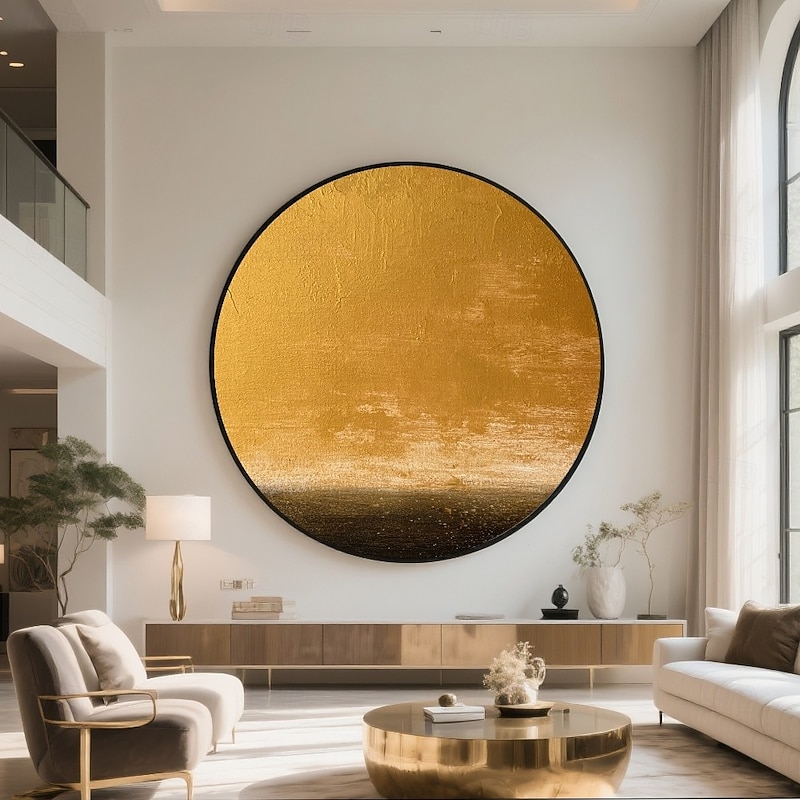 Handmade Circular Oceanic Canvas Deep Sapphire Gold Gradient Luminous Reflection Golden Horizon Contrast Abstract Sky and Sea Textured Paint Modern Calming Wall Art Minimalist Frame Gallery