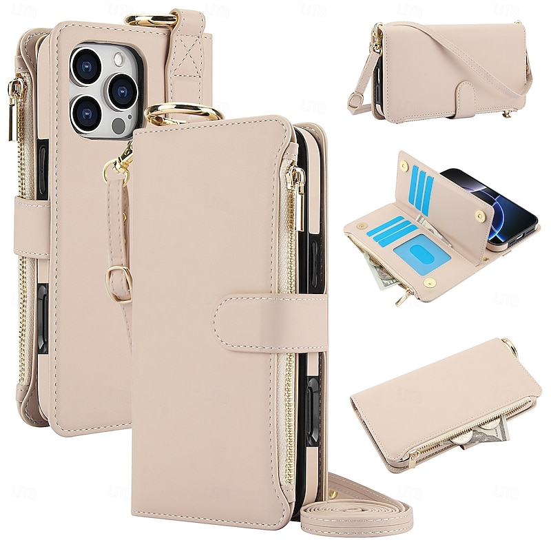 Phone Case For iPhone 17 Pro Max 17 Air 16 15 14 Pro Max Plus 16e 13 Pro Max Mini Wallet Case Zipper with Lanyard Card Slot Retro TPU PU Leather3
