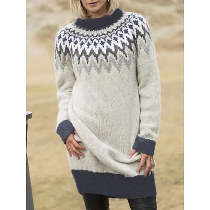 Women's Sweater Casual Soft Geometric Ribbed Crew Neck Knitted Print Long Sleeve Long Tops Knit Outdoor Daily Weekend Black Navy Blue Fall Winter