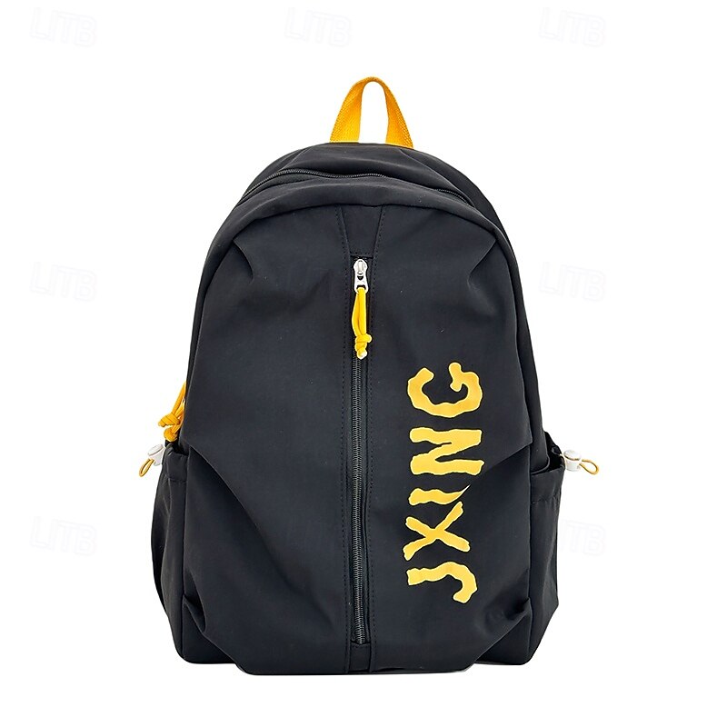 Unisex Black School Backpack with Yellow Letter Print – Lightweight Casual Bookbag for Teens and Back to School
