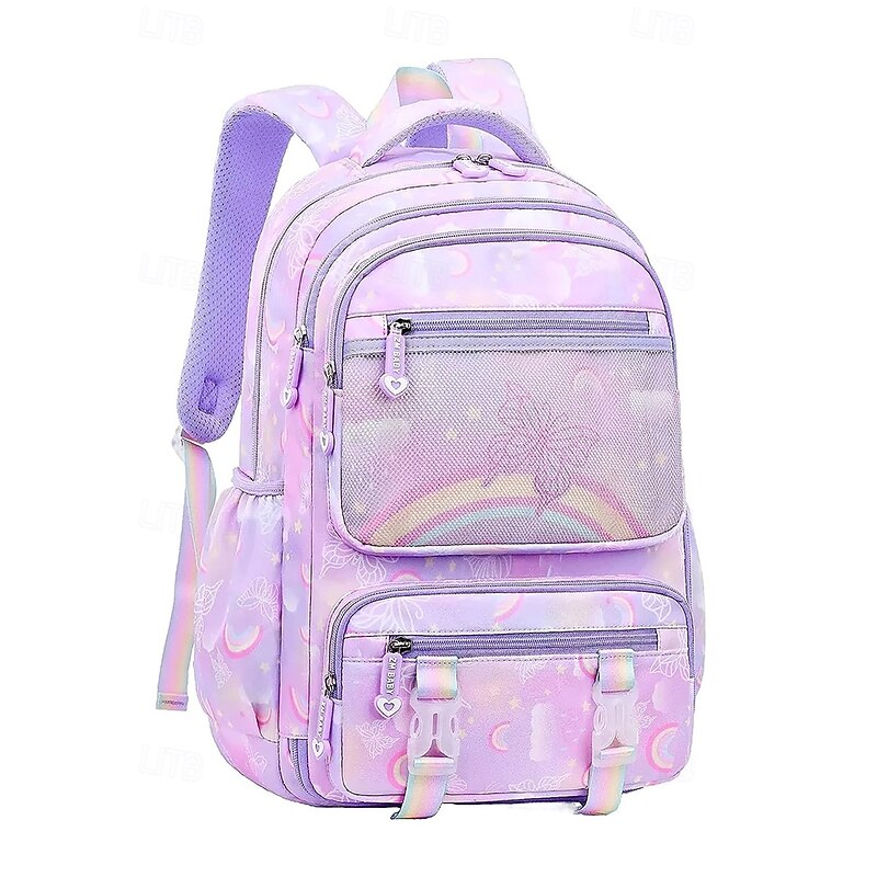 Girl's Rainbow Butterfly Backpack with Multi-Layer Storage and Mesh Pocket – Lightweight School Bag for Kids and Elementary Students