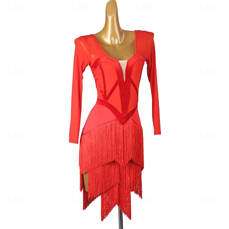 Latin Dance Dress Splicing Women's Performance Training Party Long Sleeve High Nylon3