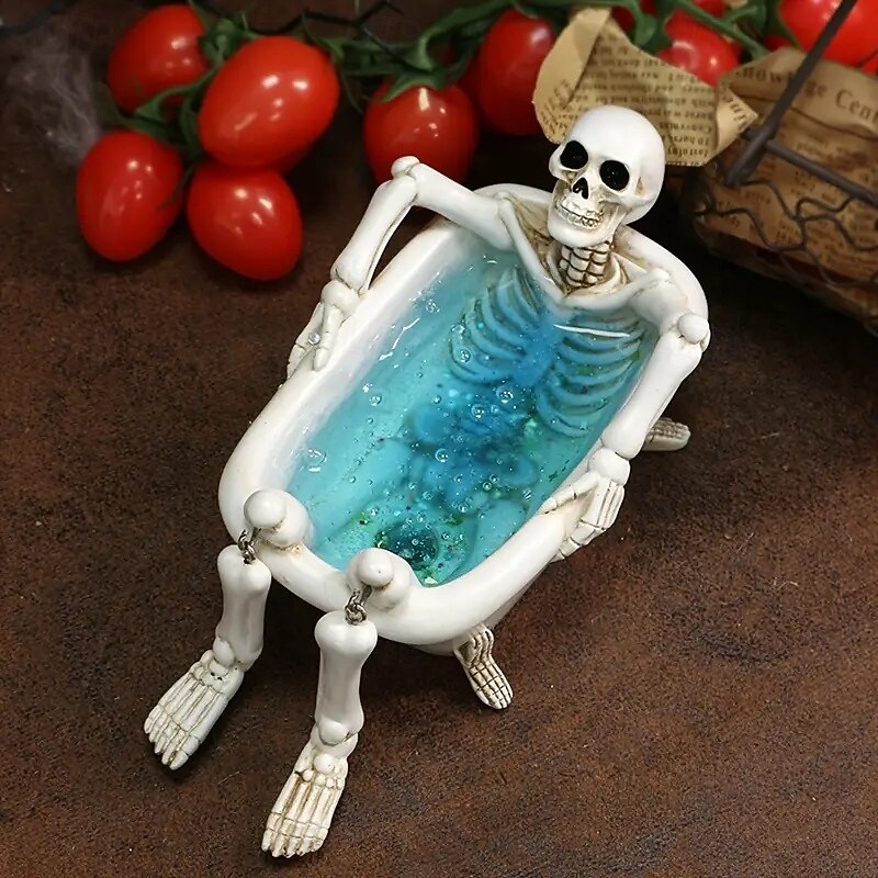 Halloween Gothic Bathtub Skull Flower Pot Statue with Drainage Holes Resin Sculpture with Skeleton Design Novelty Planter Suitable for Patio, Garden, Home Decoration4