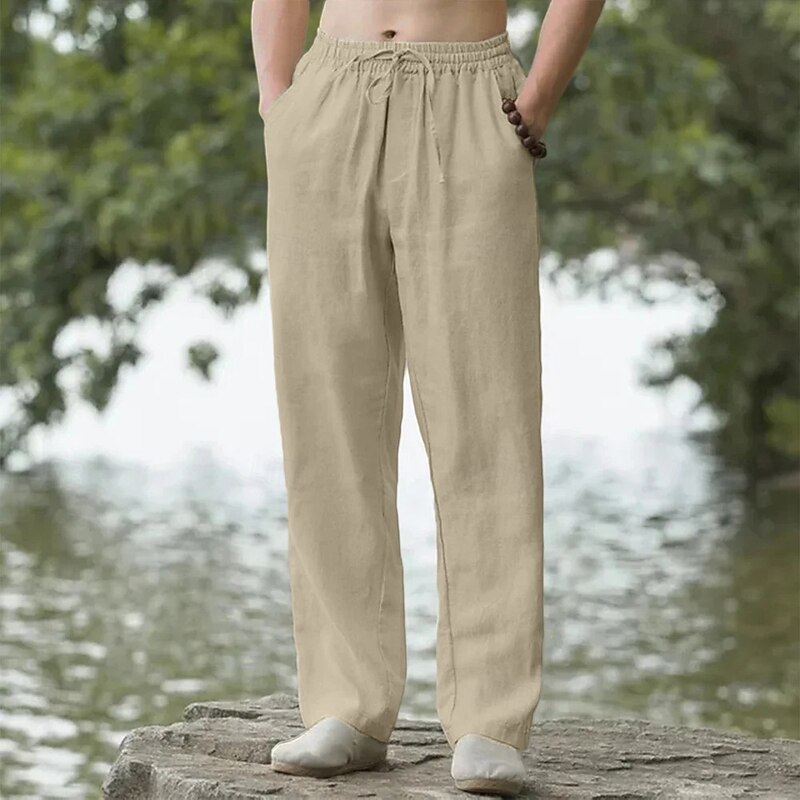 Men's Linen Pants Trousers Summer Pants Baggy Pants Elastic Waist Drawstring Straight Leg Plain Comfort Breathable Full Length Outdoor Casual Daily Fashion Classic Style Black White Inelastic2