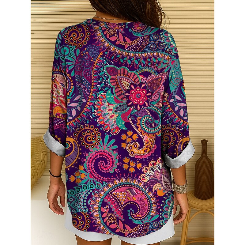 Women's Blouse Tunic V Neck Long Sleeve Boho Casual Tops Floral Graphic Paisley Bohemia Basic Long Tops Daily Buttons Print Yellow Pink Blue Purple Green Spring, Fall, Winter, Summer2