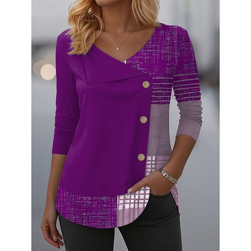 Women's Blouse Tunic V Neck Long Sleeve Buttons Graphic Geometric Plaid Fashion Casual Crew Neck Regular Tops Daily Patchwork Print Red Blue Purple Green Spring Fall Winter3
