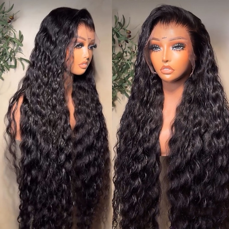 Unprocessed Virgin Hair 5x5 Closure 13x4 Lace Front Wig Free Part Brazilian Hair Water Wave Black Wig 130% 150% Density with Baby Hair Natural Hairline 100% Virgin Glueless Pre-Plucked For Women Long3