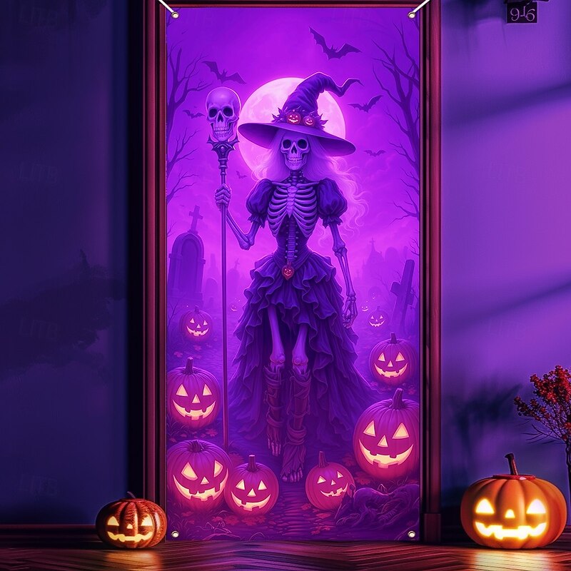 Halloween Door Cover Neon Witch with Broom Banner, Glowing Blacklight Entrance Decoration for Outdoor & Indoor 2025 Halloween Bedroom, Living Room, Bathroom