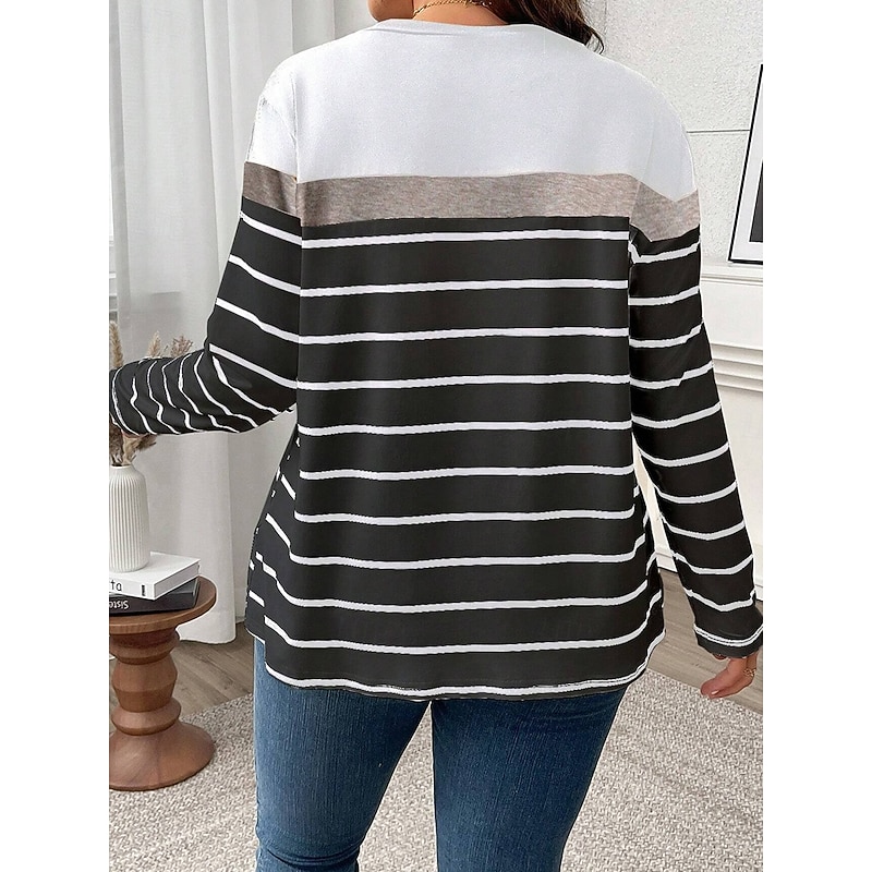 Women's Plus Size Tops T Shirt Geometry Print Long Sleeve Crew Neck Casual Daily Polyester Fall Winter Black White2