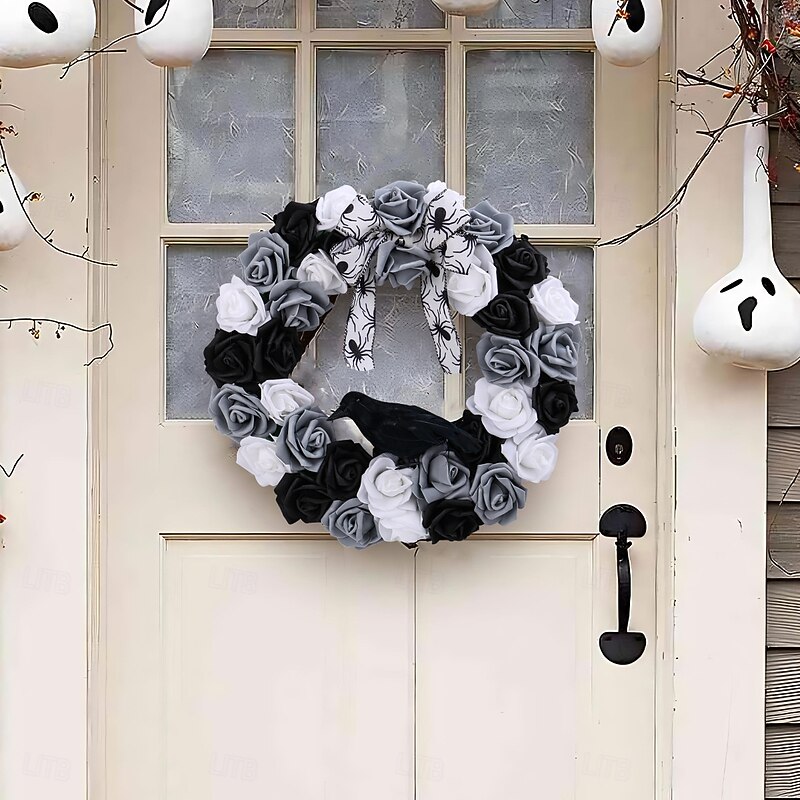Halloween Wreath for Front Door Indoor Outdoor Decoration, Black and White Rose Crow Garland, Spooky Faux Floral Vine Ring for Party Wall Decor4