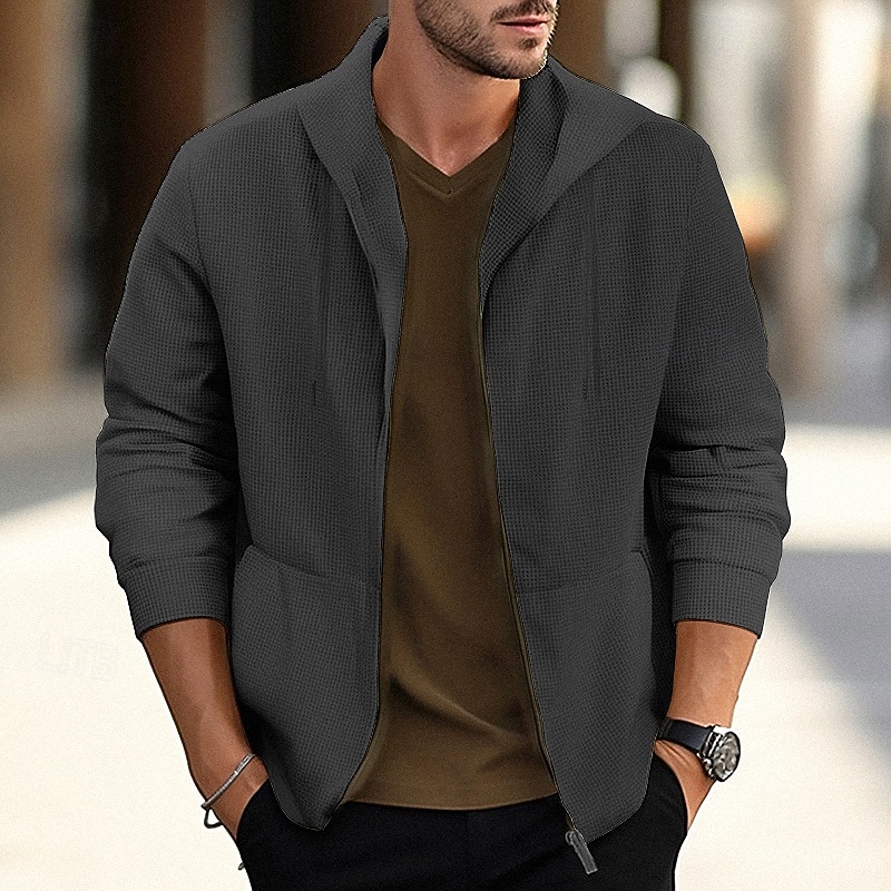 Men's Waffle Jacket Casual Jacket Hoodie Jacket Vacation Daily Breathable Pocket Spring Fall Plain Fashion Classic Hooded Regular Black White Blue Khaki Gray Jacket2