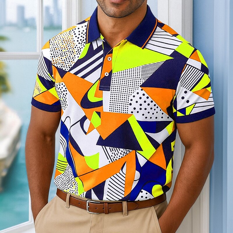 Men's Polo Casual Turndown Short Sleeve Geometric Abstract Buttons Summer Regular Fit Black Multicolor Orange Green Polo4