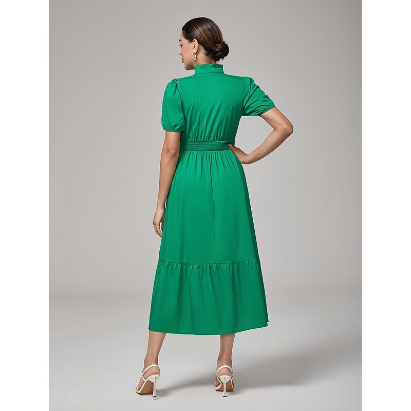 Deep Moss Green Cotton Puff Sleeve Dress4