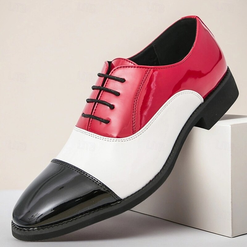 Men's Red and White Oxford Shoes – Patent Leather Two-Tone Lace-Up Shoes for Jazz Dance, Retro Events & Costumes