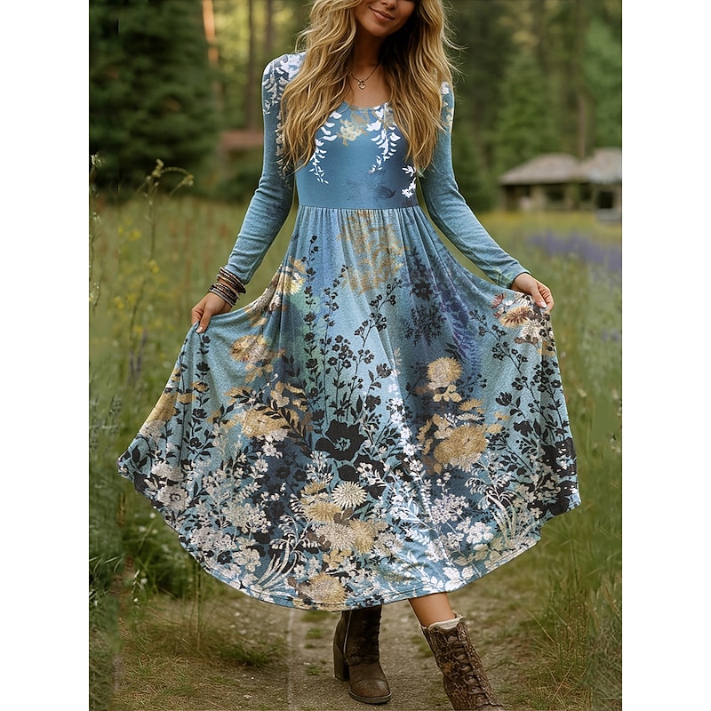 Women's Maxi Dress Fit And Flare Dress Vacation Casual Boho Party Daily Going out Regular Fit Floral Polka Dot Long Sleeve Crew Neck Blue Sky Blue Purple Green Fall Winter3