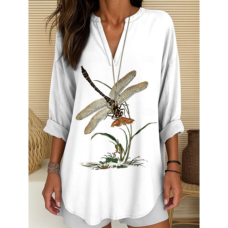 Women's Blouse Tunic V Neck Long Sleeve Boho Casual Tops Graphic Animal Dragonfly Vintage Tropical Long Tops Daily Wear Print White Blue Purple Green3