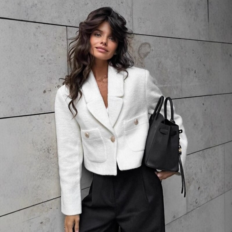 Women's Blazer Comfortable Buttons Elegant Vintage Fashion OL Style School Formal Vacation Office Short Notch Lapel Regular Fit Long Sleeve Outerwear White Fall Winter