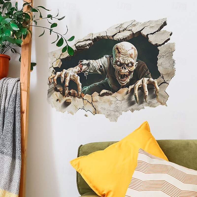 Halloween 3D Broken Wall Decal Sticker, Scary Zombie Peel and Stick Self-Adhesive Wall Sticker for Bedroom, Living Room, and Entryway, Horror Haunted House Home Decoration