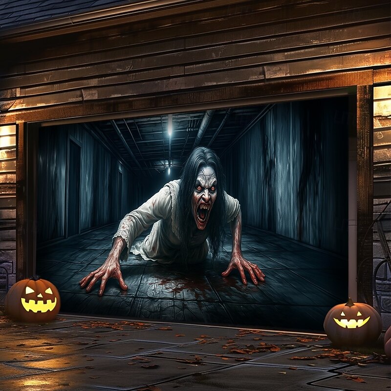 Halloween Garage Door Cover – Creepy Crawling Girl Horror Scene, Scary Outdoor Decoration for 2025 Halloween Home Front Yard2