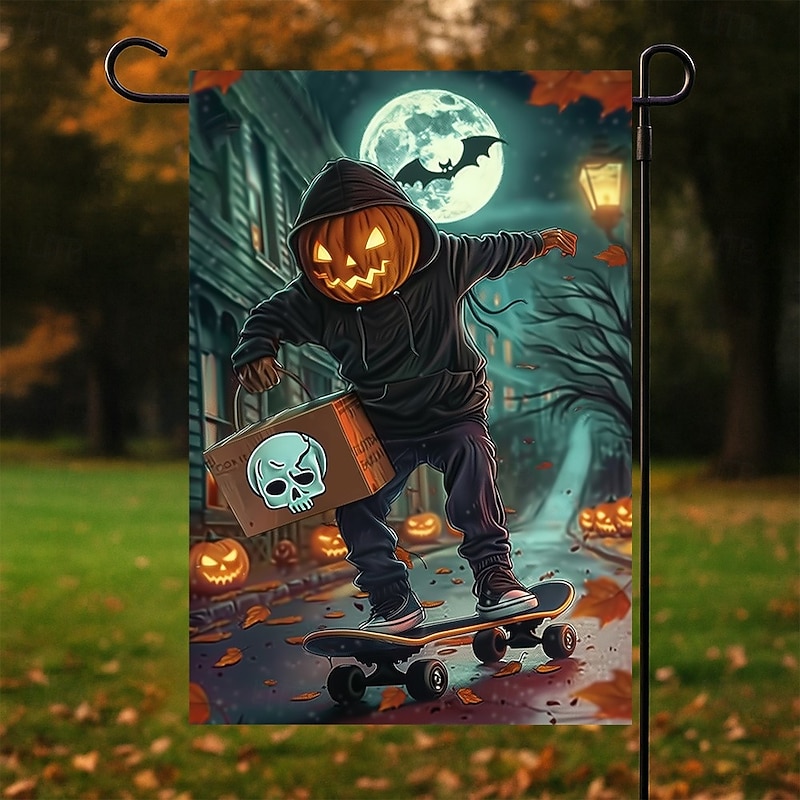Halloween Garden Flag Banner – Skateboarding Pumpkin Boy under Moonlight, Double-Sided Weather-Resistant Yard Flag for 2025 Halloween Holiday Outdoor Lawn, Porch Decoration4