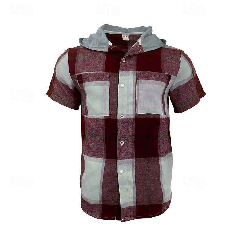 Men's Shirt Summer Shirt Casual Shirt Beach Shirt Button Up Shirt Red Blue Brown Green Short Sleeve Plaid Hooded Vacation Hawaiian Pocket Clothing Apparel Polyester Fashion Casual Comfortable2
