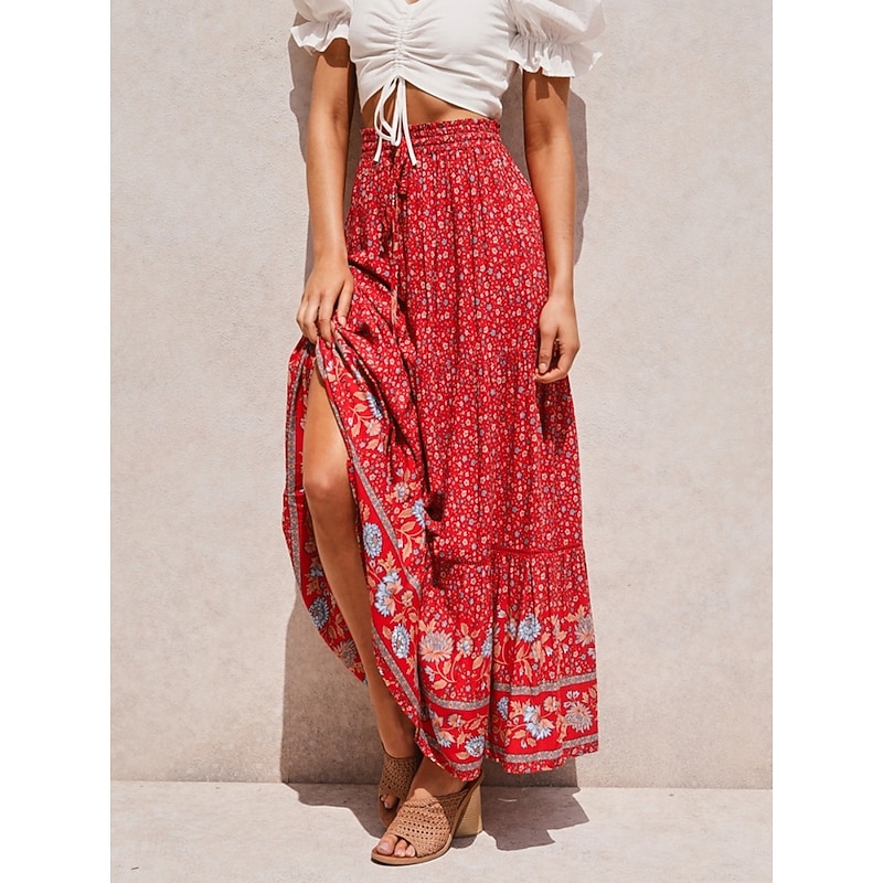 Women's Skirt A Line Bohemia Casual Maxi High Waist Skirts Floral Print Micro-elastic Street Daily Red Apricot Summer Polyester Rayon4