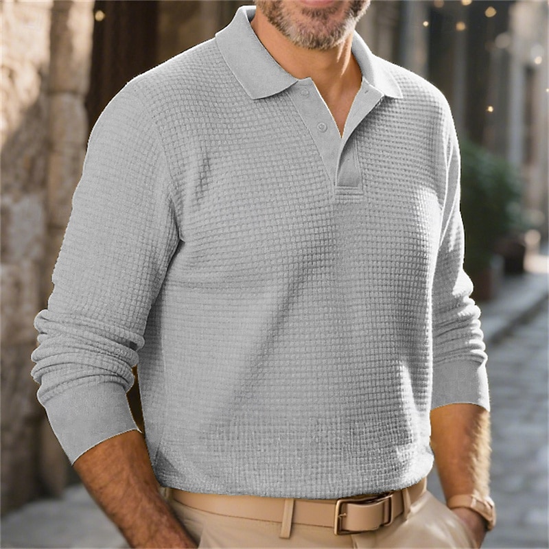 Men's Waffle Polo Shirts Golf Shirt Work Casual Lapel Long Sleeve Basic Modern Plain Buttons Spring Fall Regular Fit Black White Yellow Red Light Grey Light Blue Waffle Polo Shirts4