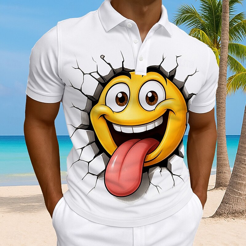 Men's Cartoon Funny Smile Face Polo Short Sleeve Polo Shirts Collared Shirts Casual Athleisure Daily Wear 3D Print Buttons Summer Yellow Red Blue3