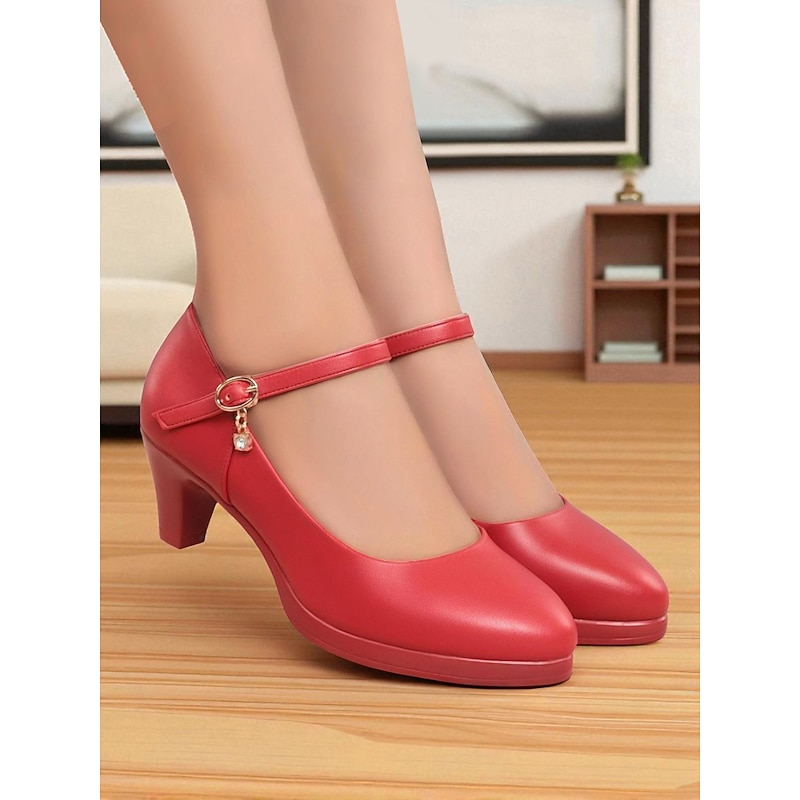 Women's Red Mary Jane Mid Heel Pumps – Classic Round Toe Dress Shoes with Ankle Strap and Charm for Ladies, Ideal for Office, Church, or Semi-Formal Events2