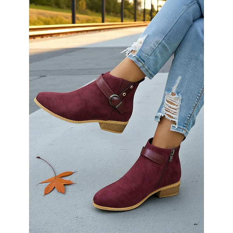 Women's Burgundy Faux Suede Ankle Boots with Buckle Strap – Stylish Low Heel Booties for Casual Outfits, Outdoor Strolls and Autumn Wear2