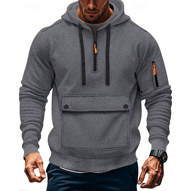 Men's Hoodie Quarter Zip Hoodie Black Navy Blue Khaki Light Grey Dark Gray Hooded Plain Pocket Quarter Zip Sports & Outdoor Daily Holiday Polyester Streetwear Basic Casual Spring Fall Clothing Apparel2