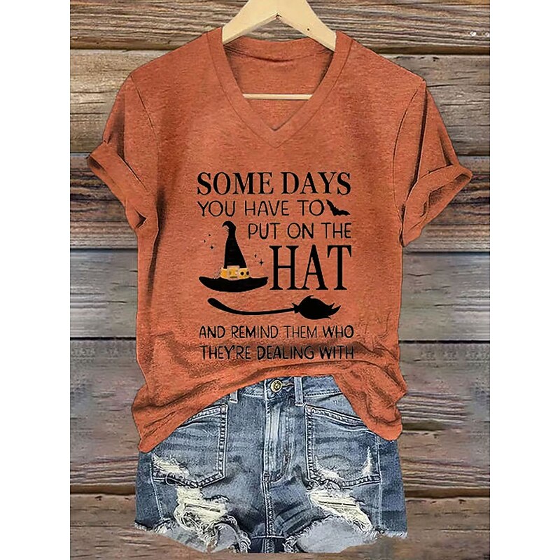 Halloween Women's T shirt Witch Graphic Letter Vintage Stylish Classic Short Sleeve V Neck Regular Tops Daily Print White Purple Orange Green Spring Fall3