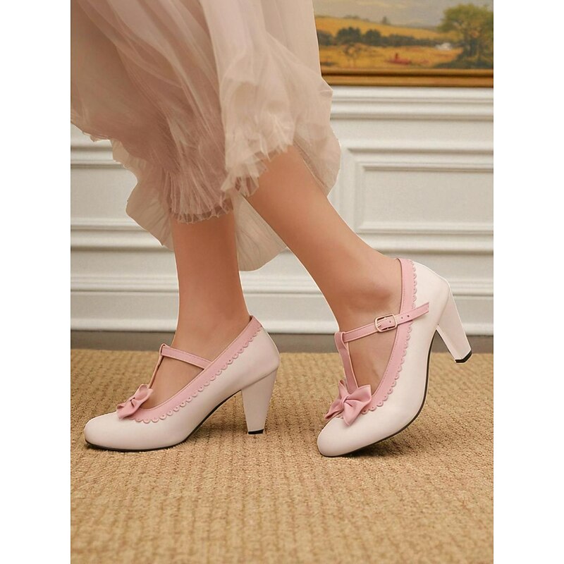 Women's 1950s Vintage Pink Bow T-Strap Mary Jane Heels – Cute Lolita Style Round Toe Pumps for Tea Parties, Cosplay, and Special Occasions3